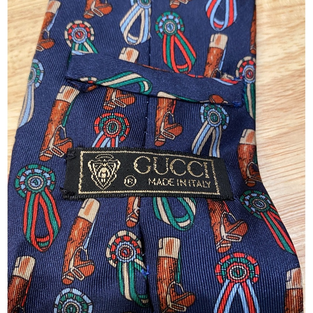 Gucci Tie Mens Blue Horse Bit Equestrian Boot Print Silk Italy Vintage 90s